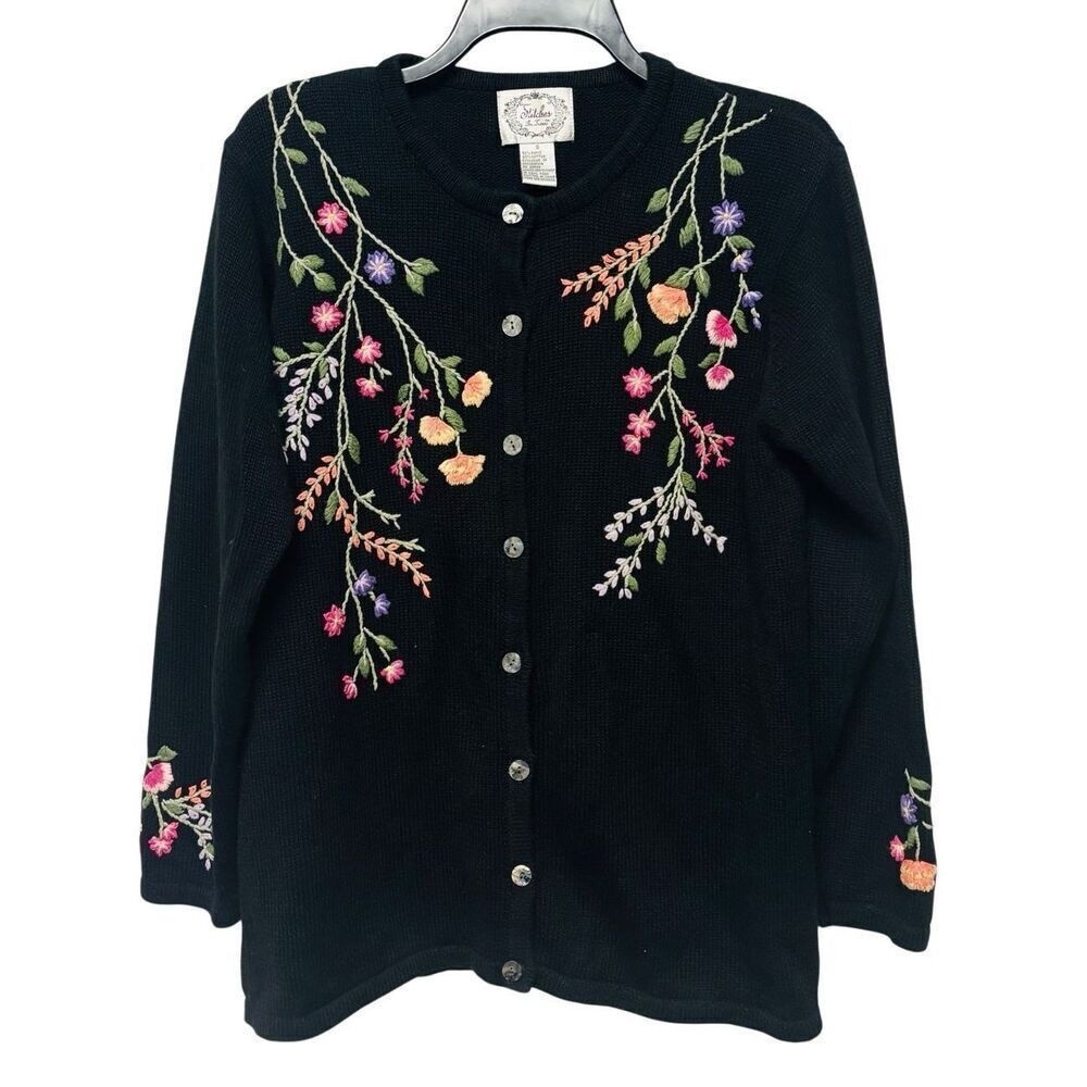Vintage Black Embroidered Floral Button Ramie Cotton‎ Blend Cardigan Size Small